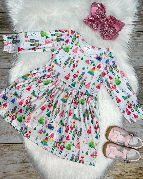 Light Grey & Pink Nutcracker Printed Long Sleeve Dress