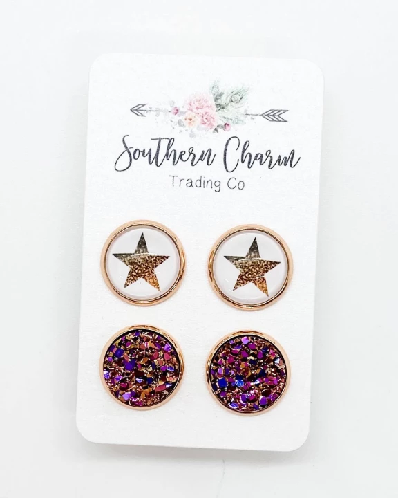 12mm Rose Gold Stars & Gold Iridescent in Rose Gold Settings