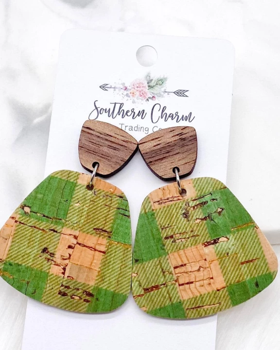 2" Walnut Wood & Green Buffalo Plaid Jasmine Dangle Corkies