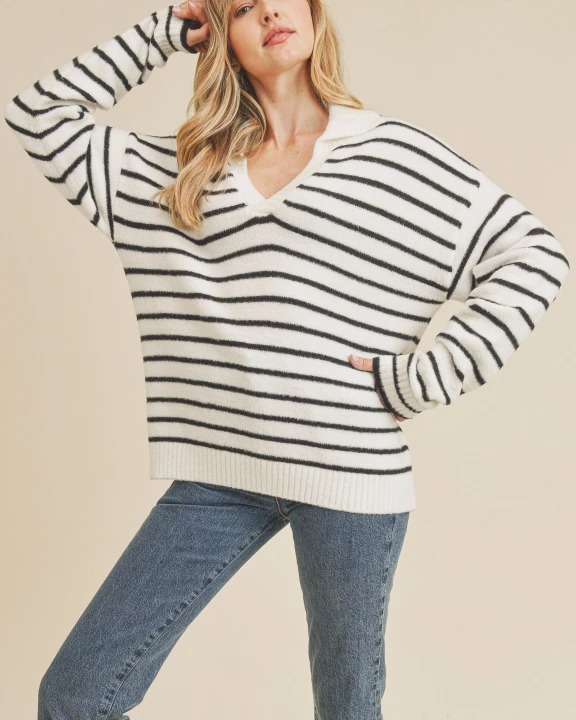 V Neck Collar Stripe Sweater