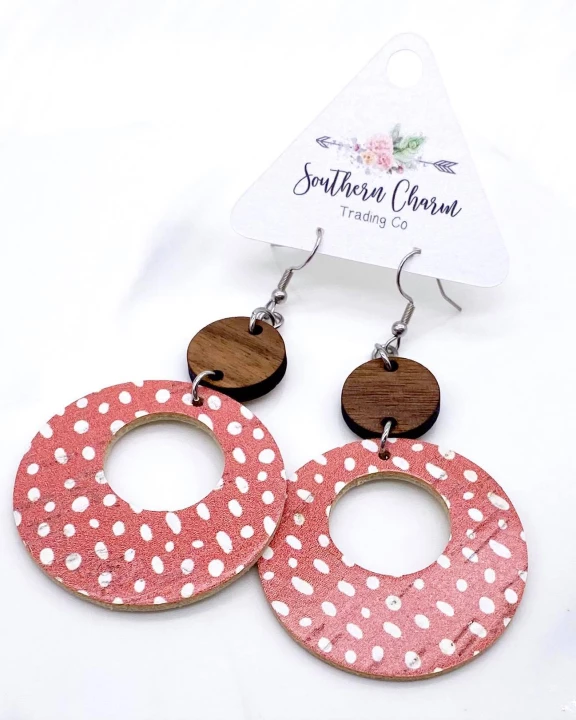2.5" Wood & Dark Coral Doodle Dots Double Os (cork)
