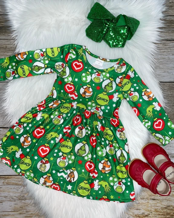 Green Gr!nch Christmas Ornament Printed Long Sleeve Dress