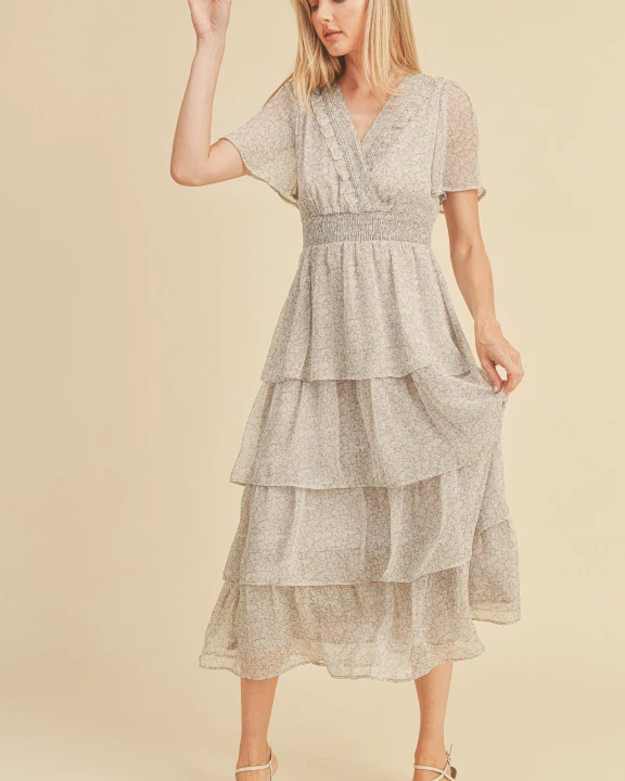 Pintuck Neckline Ruffle Maxi Dress