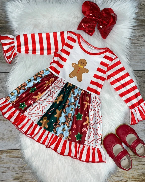 Red & White Gingerbread Cookie Panel Long Sleeve Dress