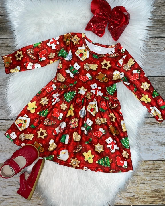 Red Christmas Cookies Printed Long Sleeve Dress