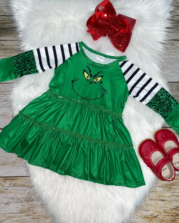 Green Gr!nch Face Ruffle Long Sleeve Dress