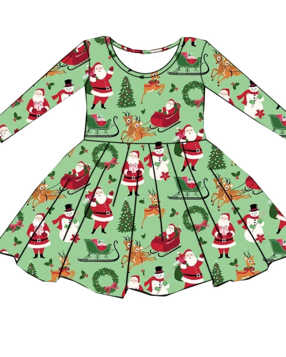 Green Santa's Sleigh and Reindeer Printed Long Sleeve Dress
