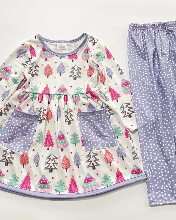 Lavender & Pink Christmas Tree Printed Pocket Tunic Set