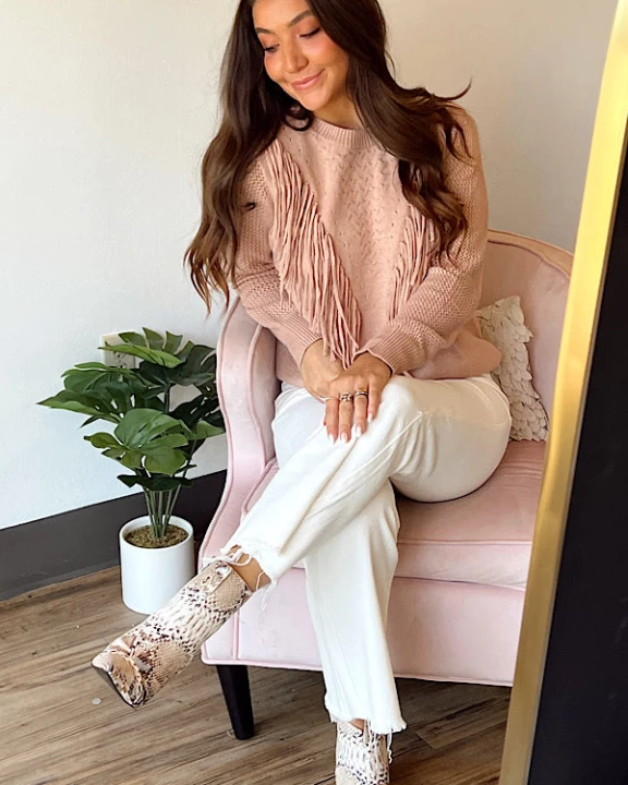 Whisked Away Tan Fringe Sweater