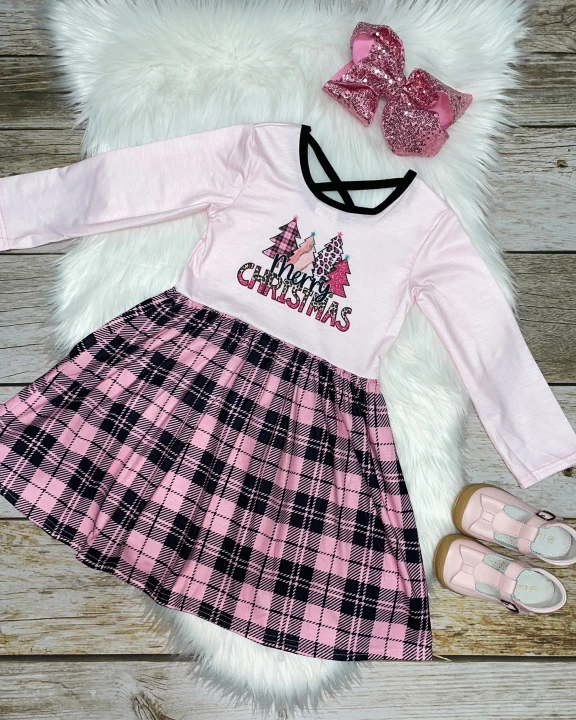 Pink Merry Christmas CrissCross Long Sleeve Dress