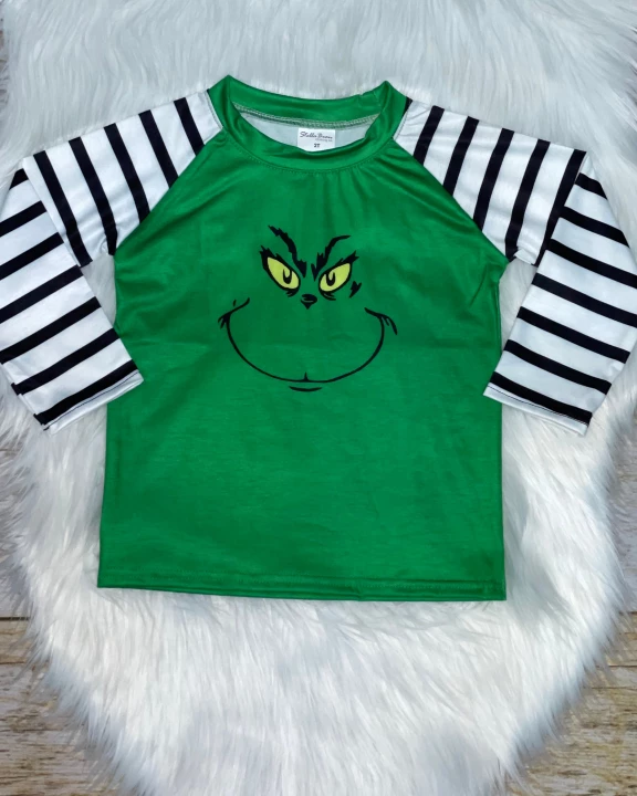 Green Gr!nch Face Stripe Sleeve Raglan