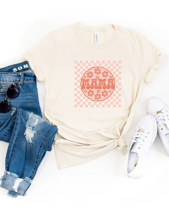 Checkered Mama Smiley Face Short Sleeve Graphic Tee