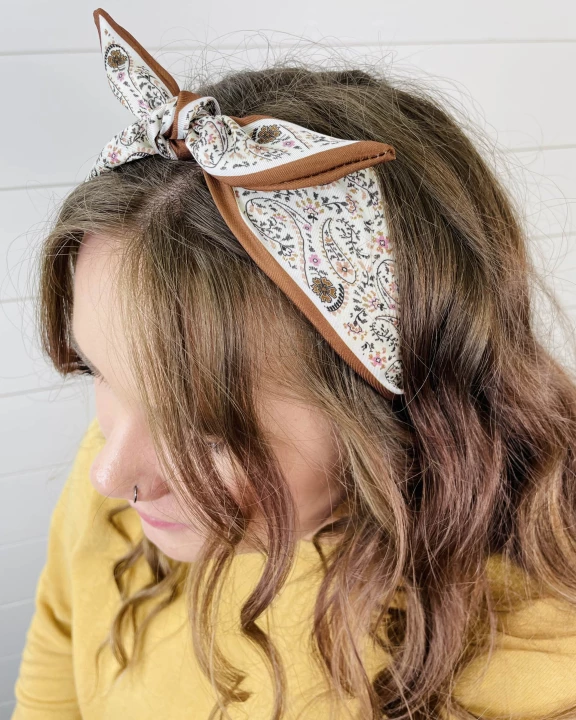 Tan Paisley Boho Satin Scarf Bow Knot Headband