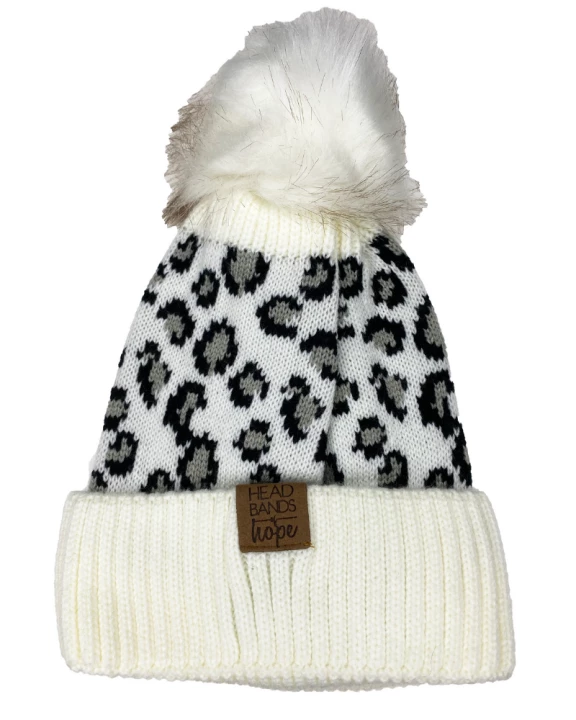 Snow Leopard Snap Pom Pom Beanie-Wholesale