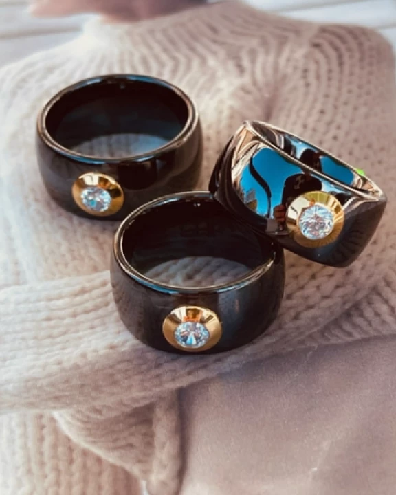 Black Wide Ceramic Ring with CZ Stone