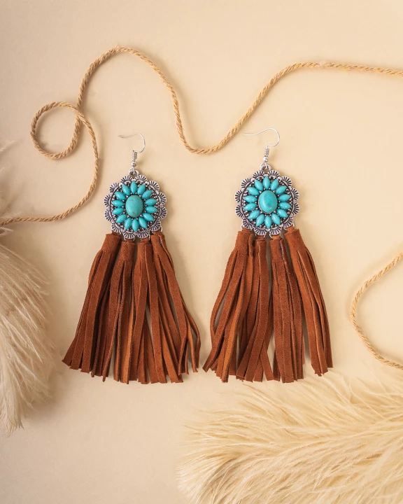 93010 - Squash Blossom Tassel Earrings - Turquoise & Brown - Fashion Jewelry Wholesale
