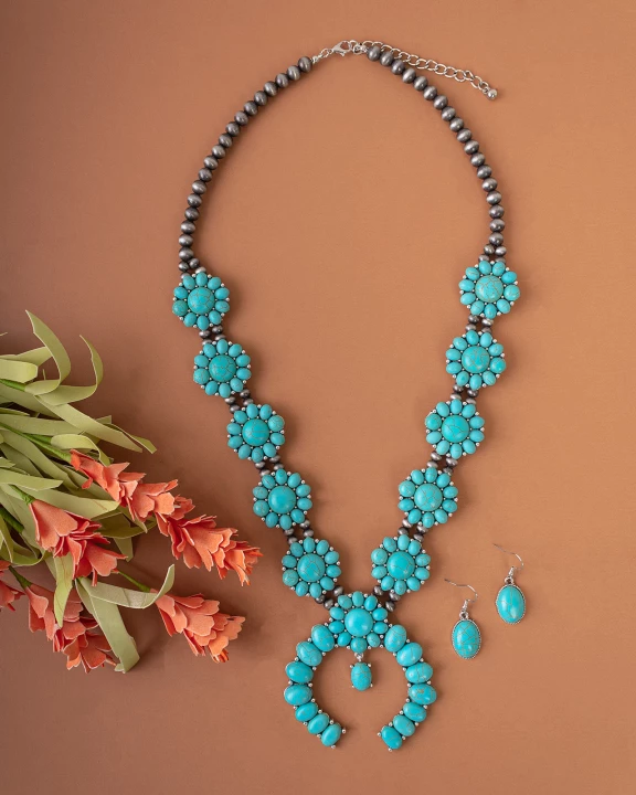 72203 - Squash Blossom Necklace - Turquoise & Silver - Fashion Jewelry Wholesale