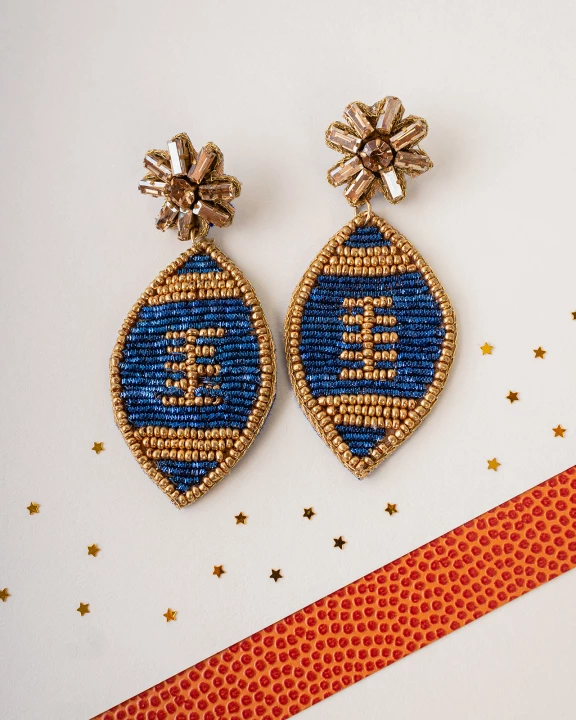 1512 - Beaded Football Earrings - Blue - Fashion Jewelry Wholesale