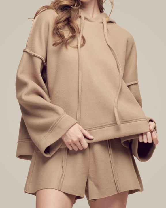 Bell Sleeve Hoodie and Sweat Shorts Fleece Set for Women