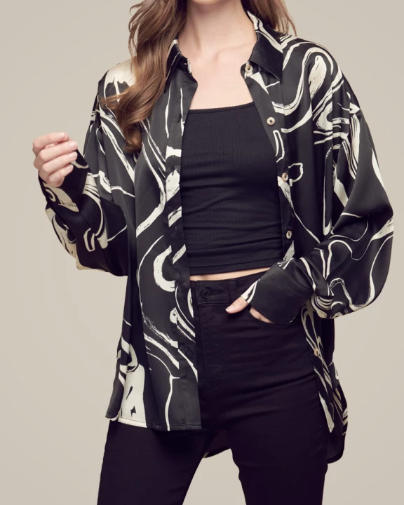 Oversized Drop Shoulders Print Satin Shirt