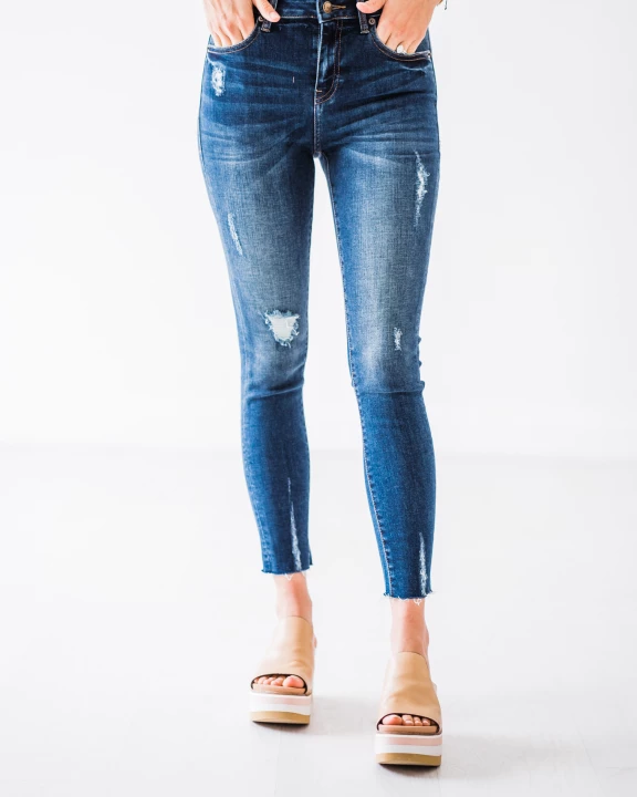 11002D Dark Wash Mid-Rise Ankle Distressed Skinny Jeans