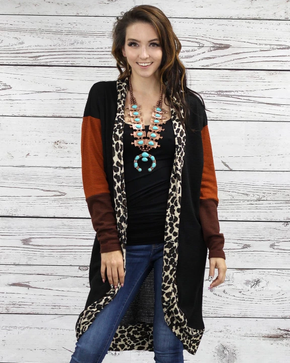 Waffle Knit Leopard Lined Cardigan with Pockets