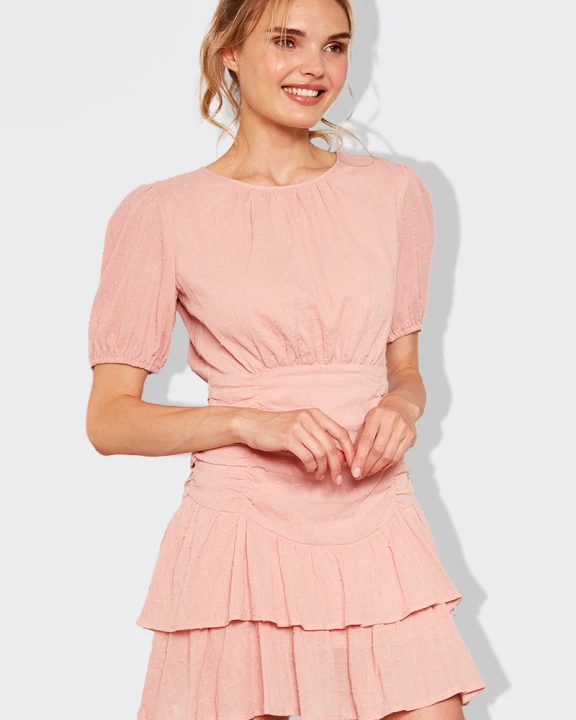 Swiss Dot Puff Sleeve Double Ruffled Mini Dress