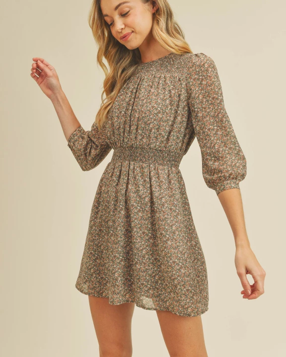 Smocking Shoulder and Waist 3/4 Sleeve Top