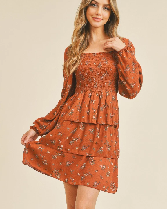 Floral Crinkle Gauze Print Tiered Smocking Long Sleeve Dress