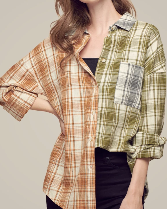Women Color Block Plaid Oversized Woven Shirt