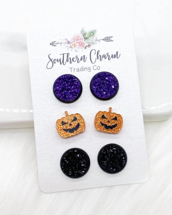 12mm Purple Glitter/Jack-O-Lantern/Black in Black Settings