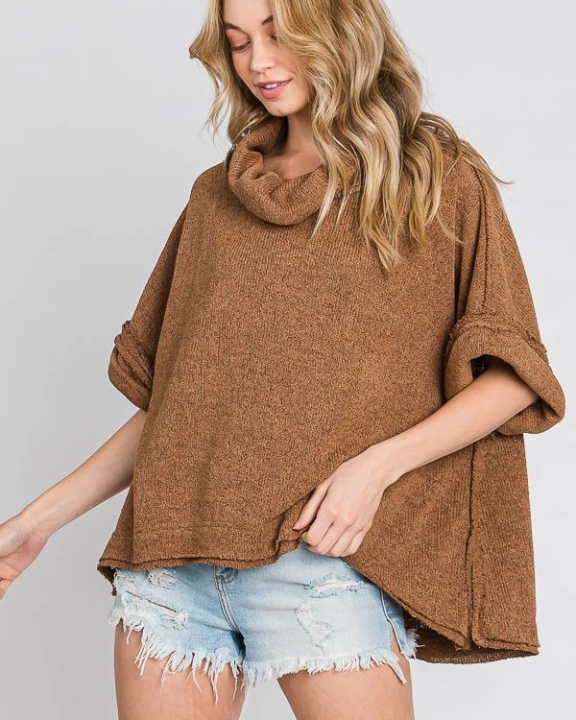SOLID COWL NECK KNIT TOP - KRT1635