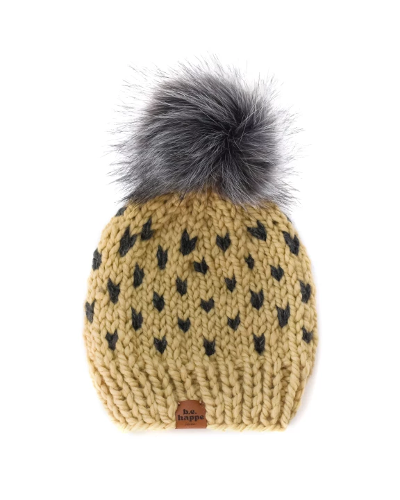 Knit Pom Hat | Winter Heart Beanie | Peanut + Charcoal