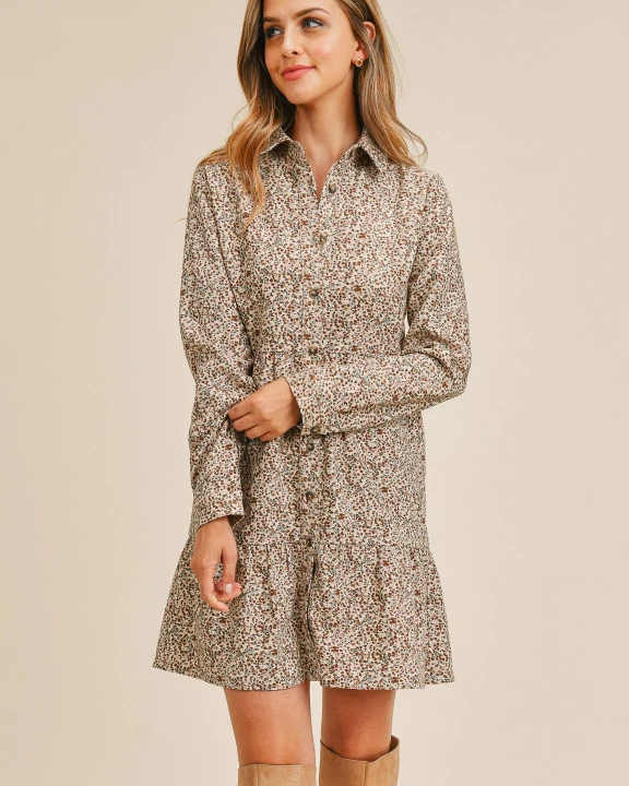 Corduroy Printed Button Down Front Collar Dress