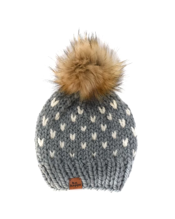 Knit Pom Hat | Winter Heart Beanie | Slate + Off White