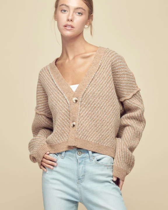 V-Neck Button Front Striped Relaxed Fit Cardigan