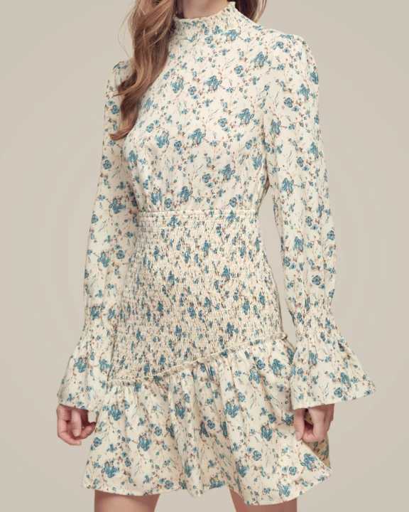 Floral Print Mock Neck Bishop Long Sleeve Dress