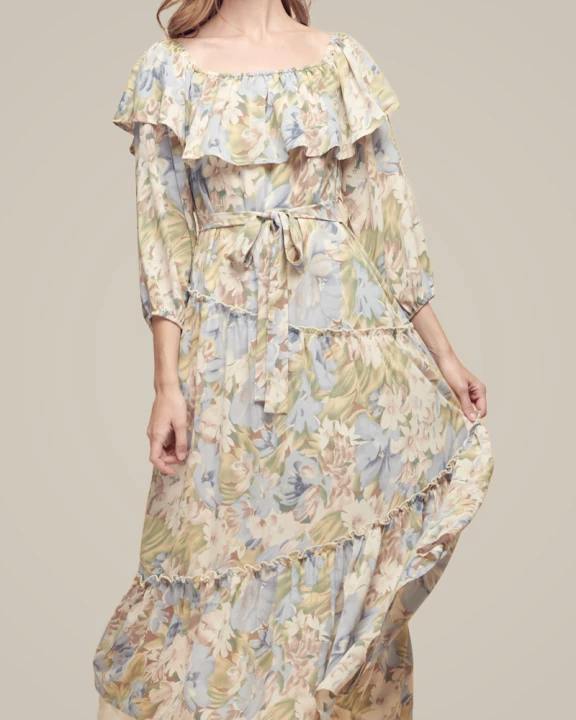 Square Neckline Flounce Midi Dress