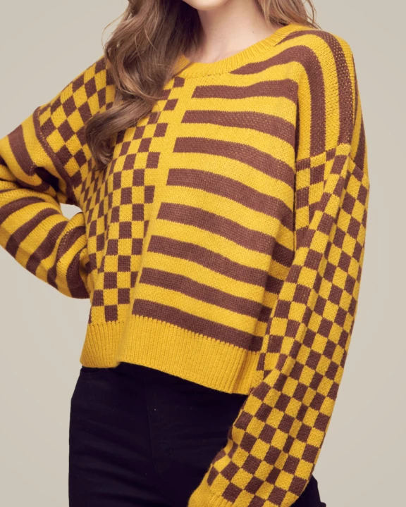 Crew Neck Color Block Relaxed Fit Sweater