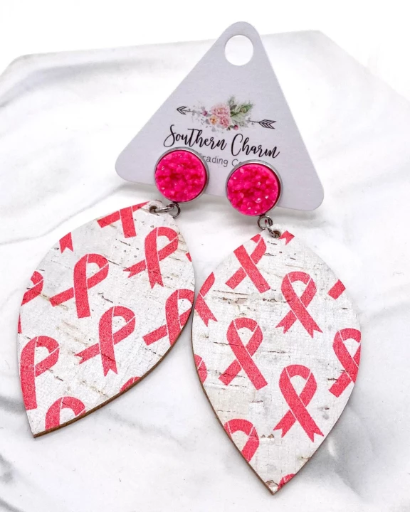 3" Hot Pink Crystals & Breast Cancer Awareness Dangle Leaf Corkies
