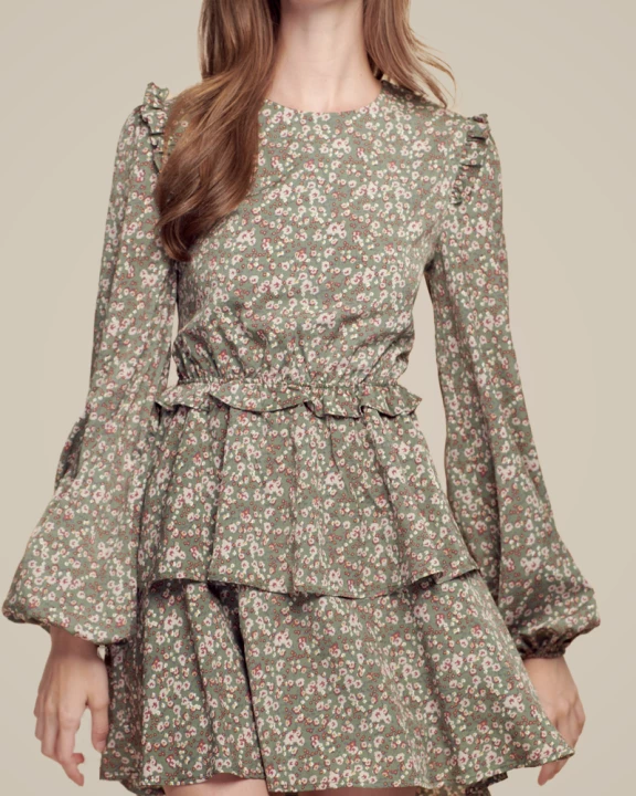 Ditsy Floral Lace Up Open back Bishop Sleeve Dress