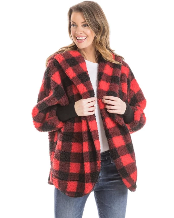 Red Plaid Lightweight BODY WRAP with Hoodie and Pockets