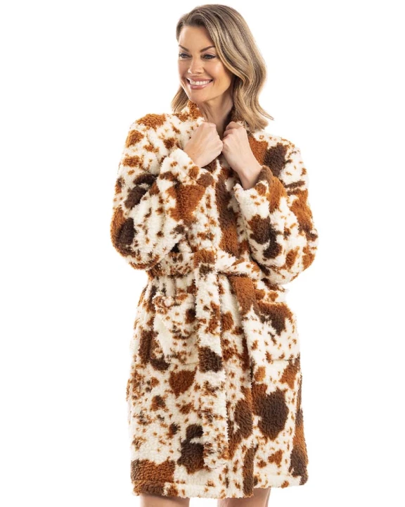 Brown Cow Print Wholesale Sherpa Women's Bath Robe