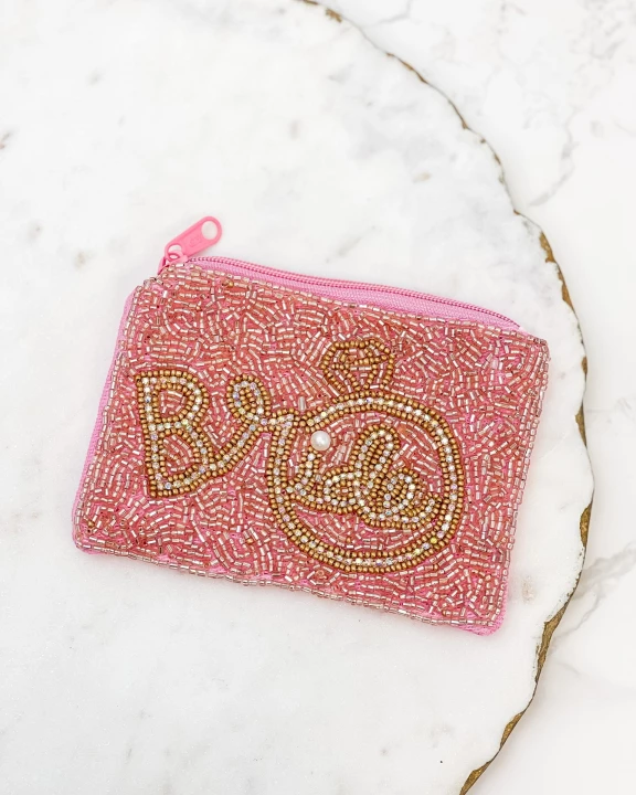 'Bride' Ring Beaded Zip Pouch - Pink