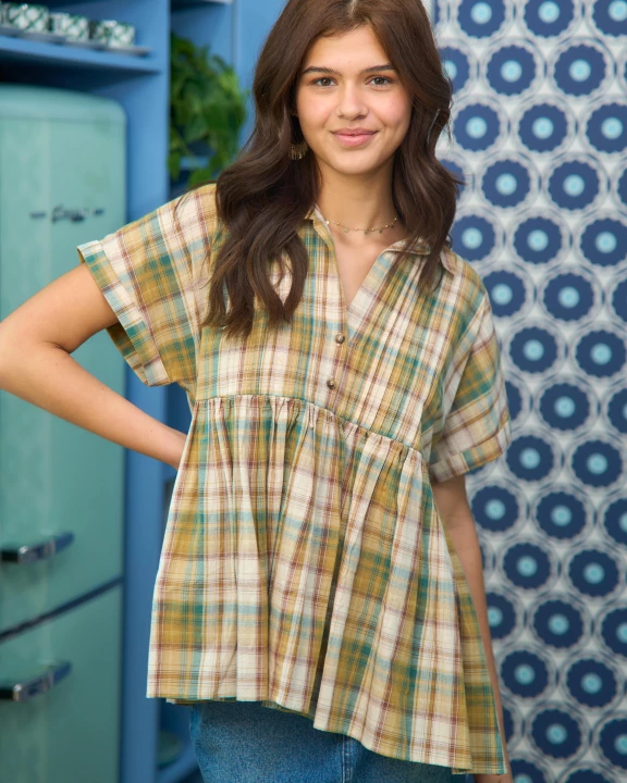 Plaid button down shirt top JBJ1026