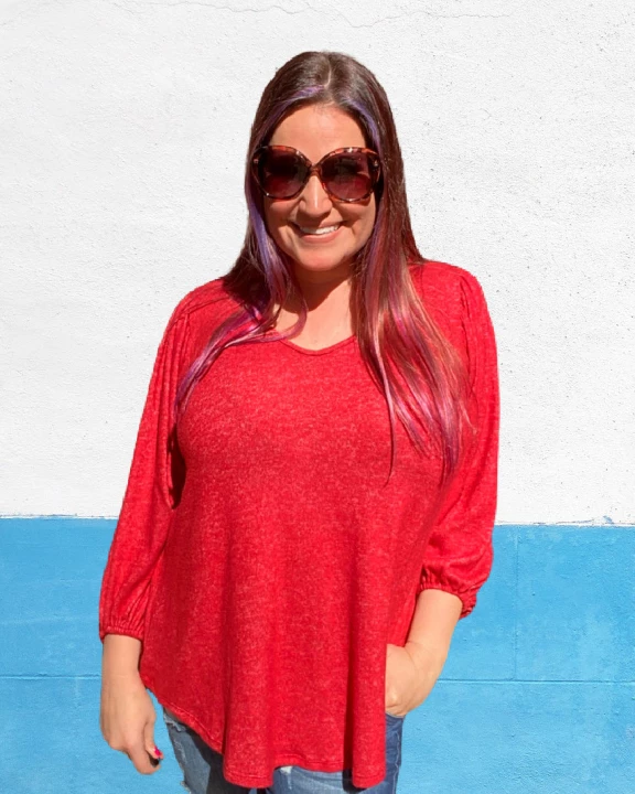 Balloon Sleeve Blouse in Red - S-3X Singles
