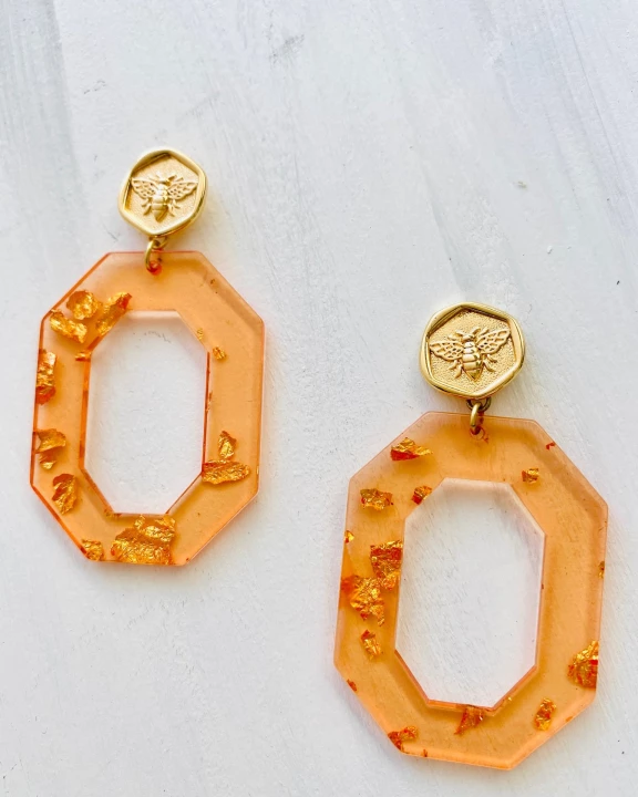 Burnt Orange Confetti Hex and Brass Bee Hoops