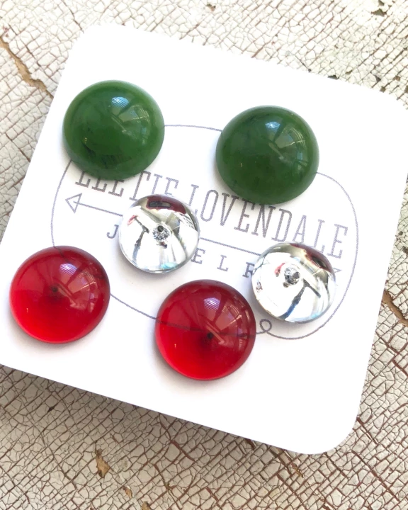Holiday Retro Button Studs in Red Green & Silver Clear Earrings Set