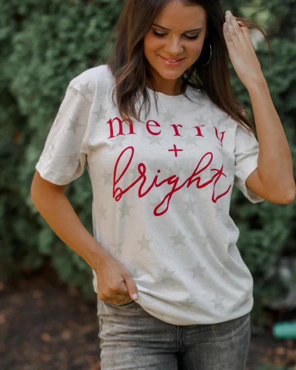 Merry + Bright | Natural Heather Star Christmas Tee