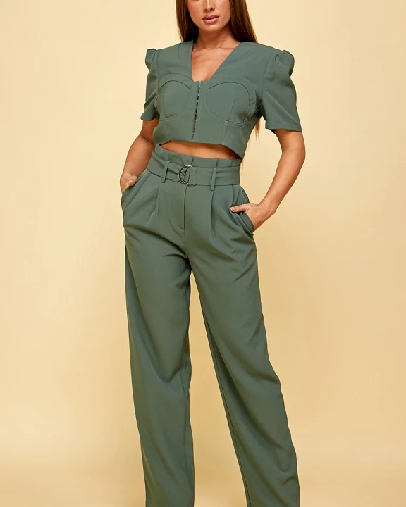 BUSTIER CROP PUFF JACKET AND PANTS SET GREEN